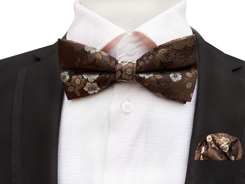 Secdtie Mens Brown with White Floral Cravat Bow Tie Pocket Square Set Boy Formal Business Necktie Nearwear - Image 2